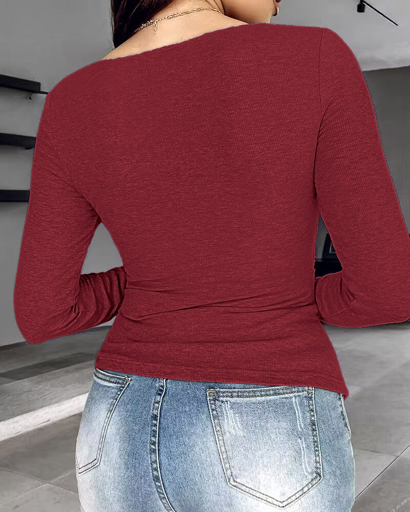 Chicme Built In Bra Notch Neck Long Sleeve Shirts Rib Knit Ruched Waist Top - Image 30