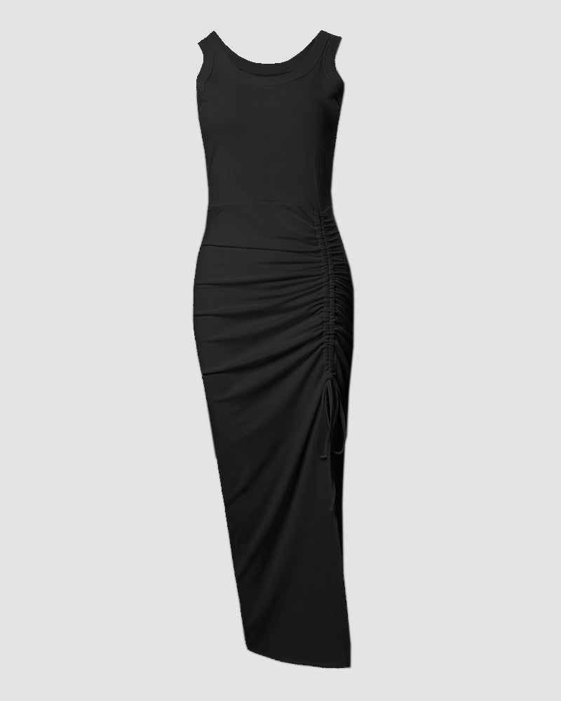 Side Slit Drawstring Ruched Bodycon Casual Sun Maxi Dresses Sleeveless Ribbed Tank Dress - Image 13