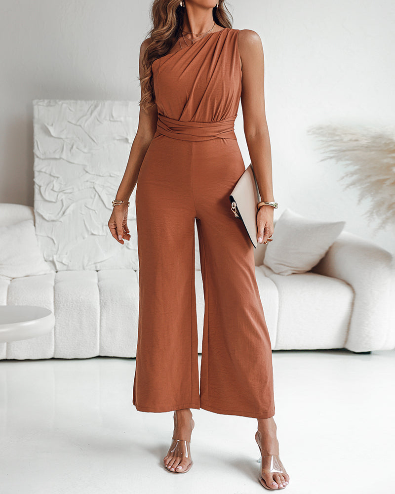 One Shoulder Sleeveless Ruched Cinched Waist Zipper Side Overalls Tied Detail Elastic Waist Wide Leg Jumpsuit - Image 8