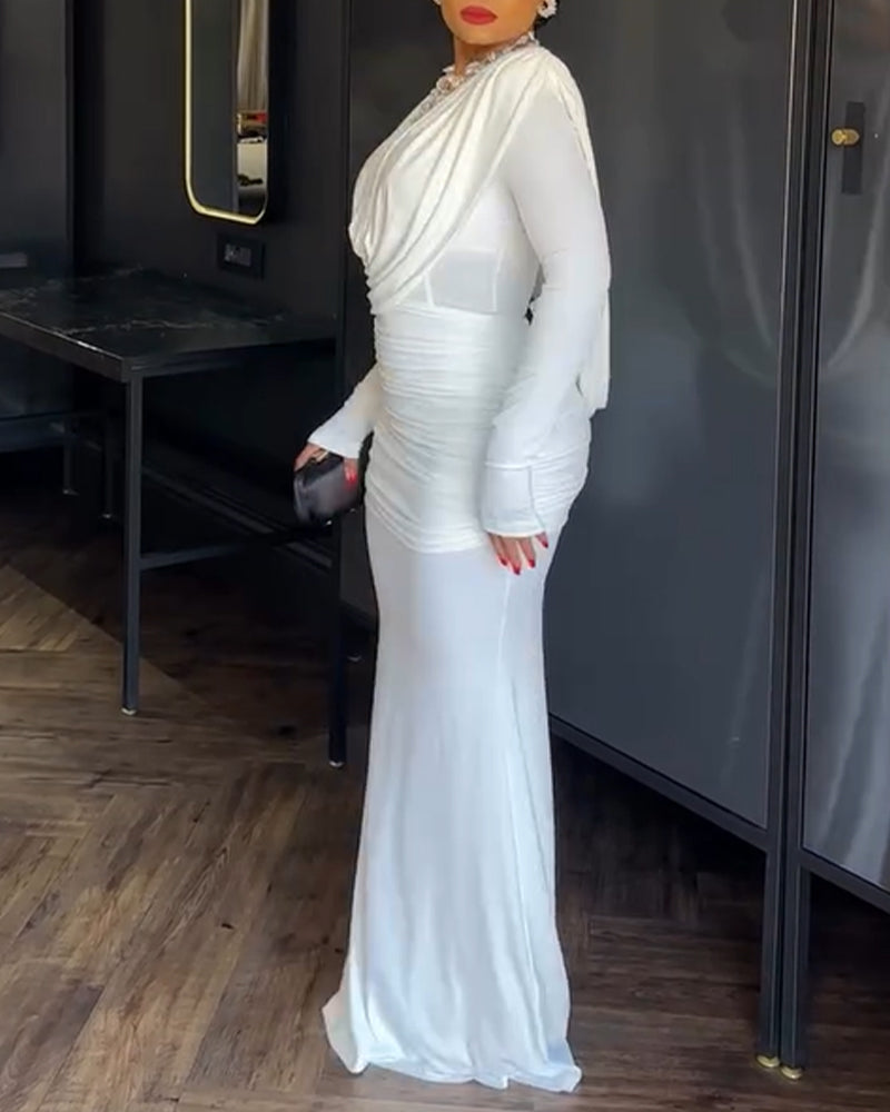 Cowl Neck Ruched Zipper Back Slim Fit Maxi Dress Casual Padded Shoulders Backless Evening Dress - Image 3
