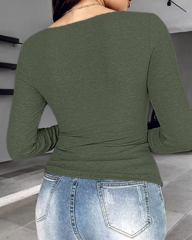 Chicme Built In Bra Notch Neck Long Sleeve Shirts Rib Knit Ruched Waist Top - Image 15
