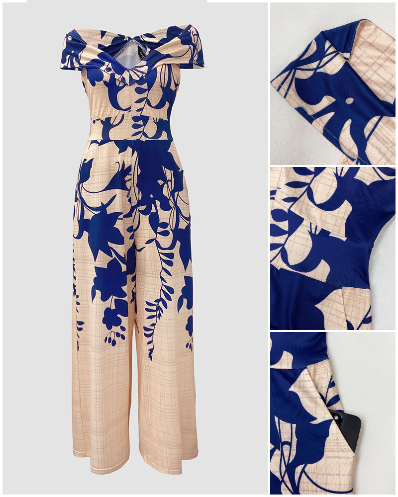 Floral Print Off Shoulder Sleeveless Deep V-Neck Jumpsuit Casual Zipper Side Wide Leg Jumpsuit - Image 3