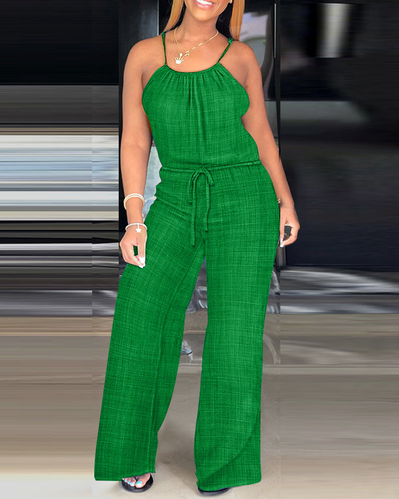 Womens Spaghetti Strap Drawstring Tied Waist Jumpsuit Casual Overalls - Image 14