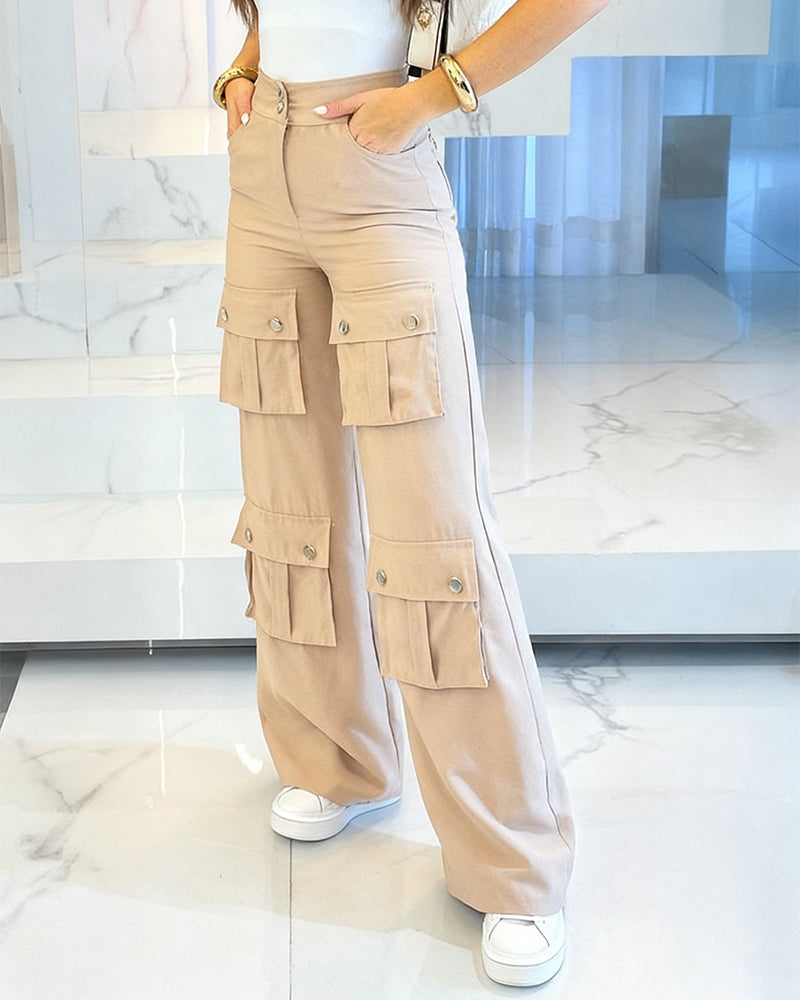 High Waist Zipper Fly Multiple Flap Pockets Design Utility Pants Casual Elastic Back Waist Wide Leg Cargo Pants - Image 3