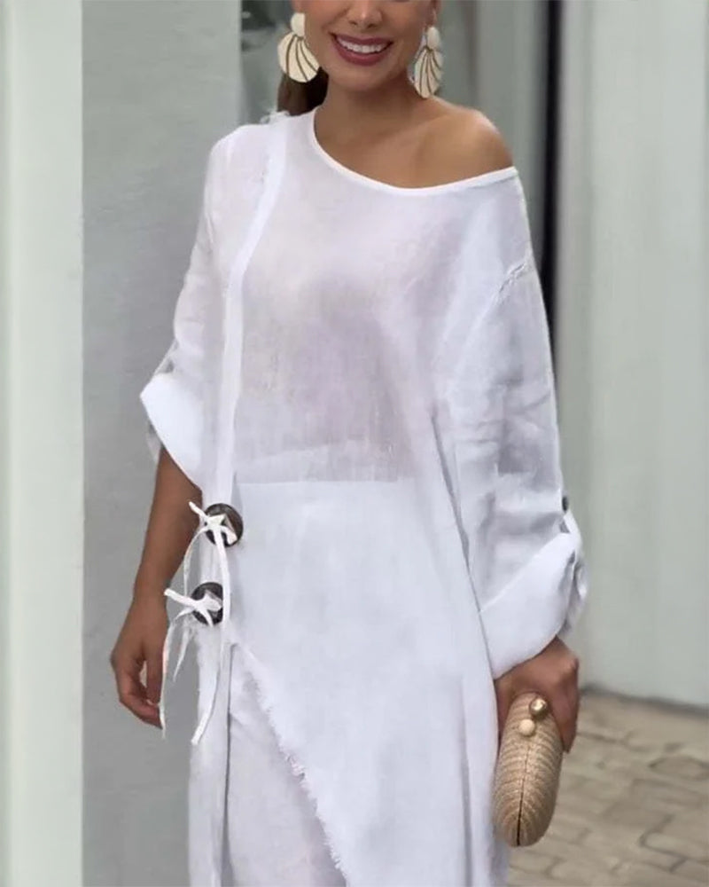 2 Pieces Outfit Button Decor One Shoulder Turn-Up Sleeves Slit Raw Edges Top and Casual Drawstring Elastic Waist Wide Leg Pants Set - Image 6