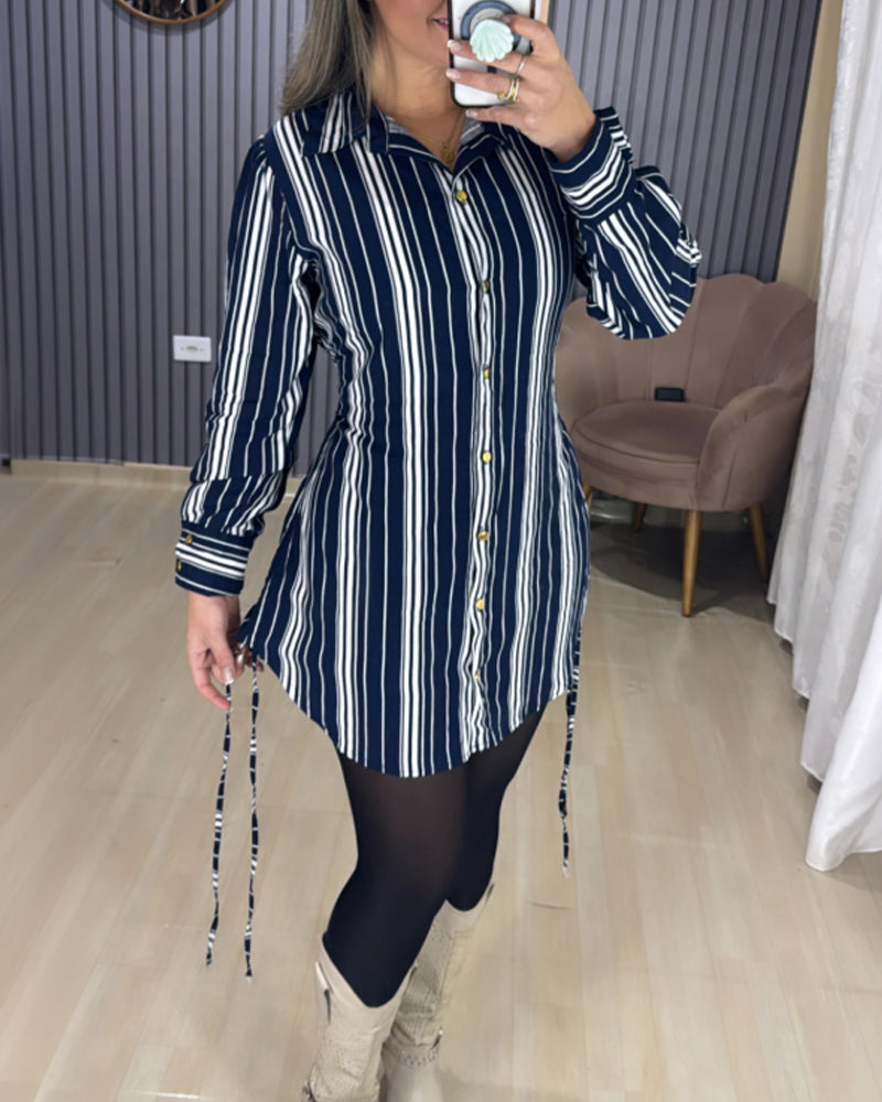 Women's Striped Shirt Dress Button Down Long Sleeve Shirred Waist Casual Dress - Image 14