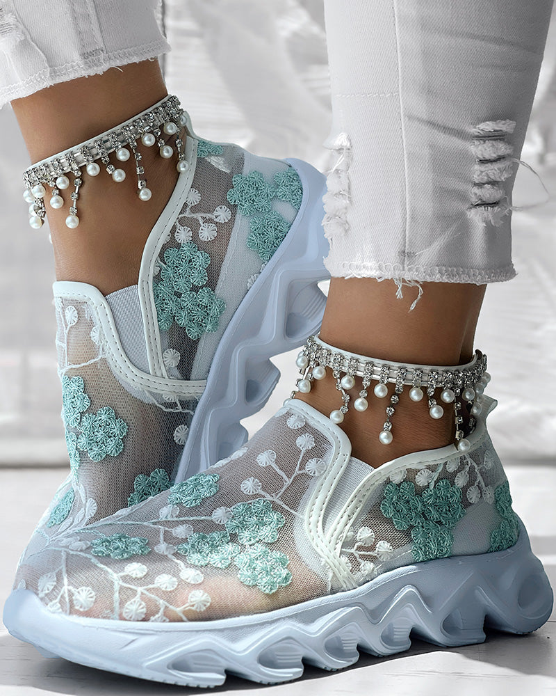 Floral Pattern Sheer Mesh Patch Round Toe Sneakers - Image 21