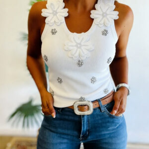 Women's 3D Floral Applique Knit Tank Top Rhinestone Beaded Sleeveless U Neck Ribbed Slim Fit Party Clubwear Top