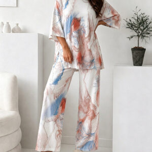 Women's 2 Piece Marble Print Pajama Set Half Sleeve Side Slit Top and Straight Leg Pants Casual Loungewear