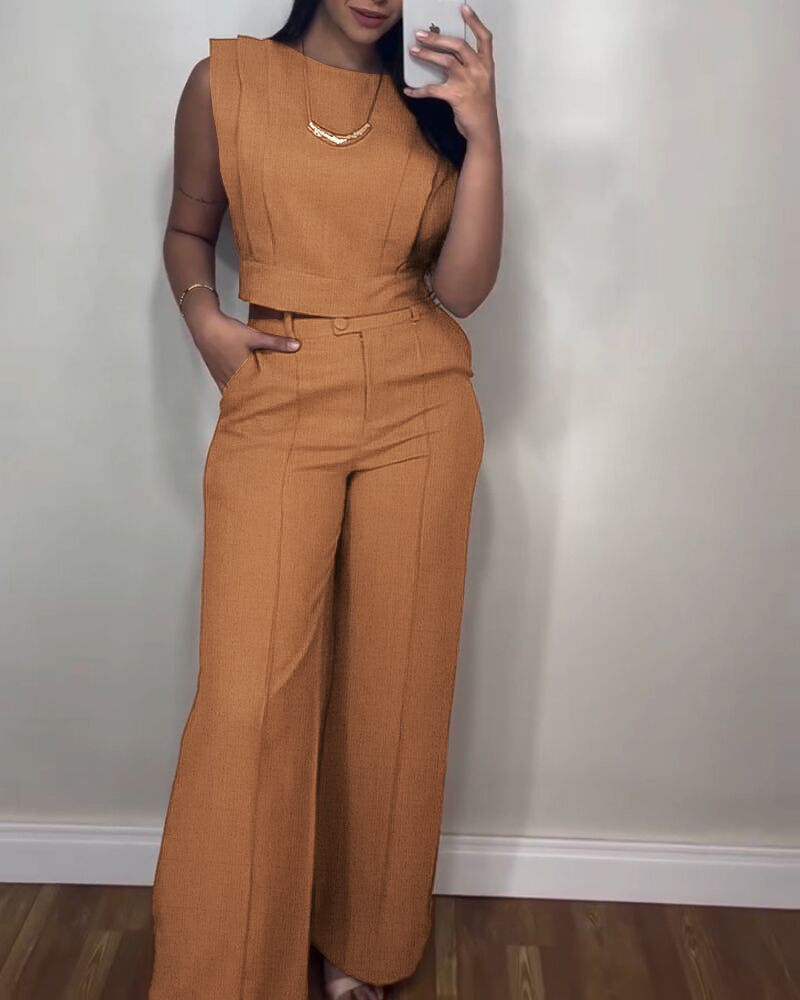2 Pieces Outfit 3D Cutting Decor Design Cap Sleeve Hollow-out Back Crop Top and Casual Zipper Fly Seam Front Straight Pants Set - Image 2