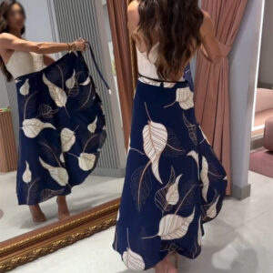 Leaves Print High Waist Wrap Lace-Up Skirt Casual Asymmetrical Hem Skirt