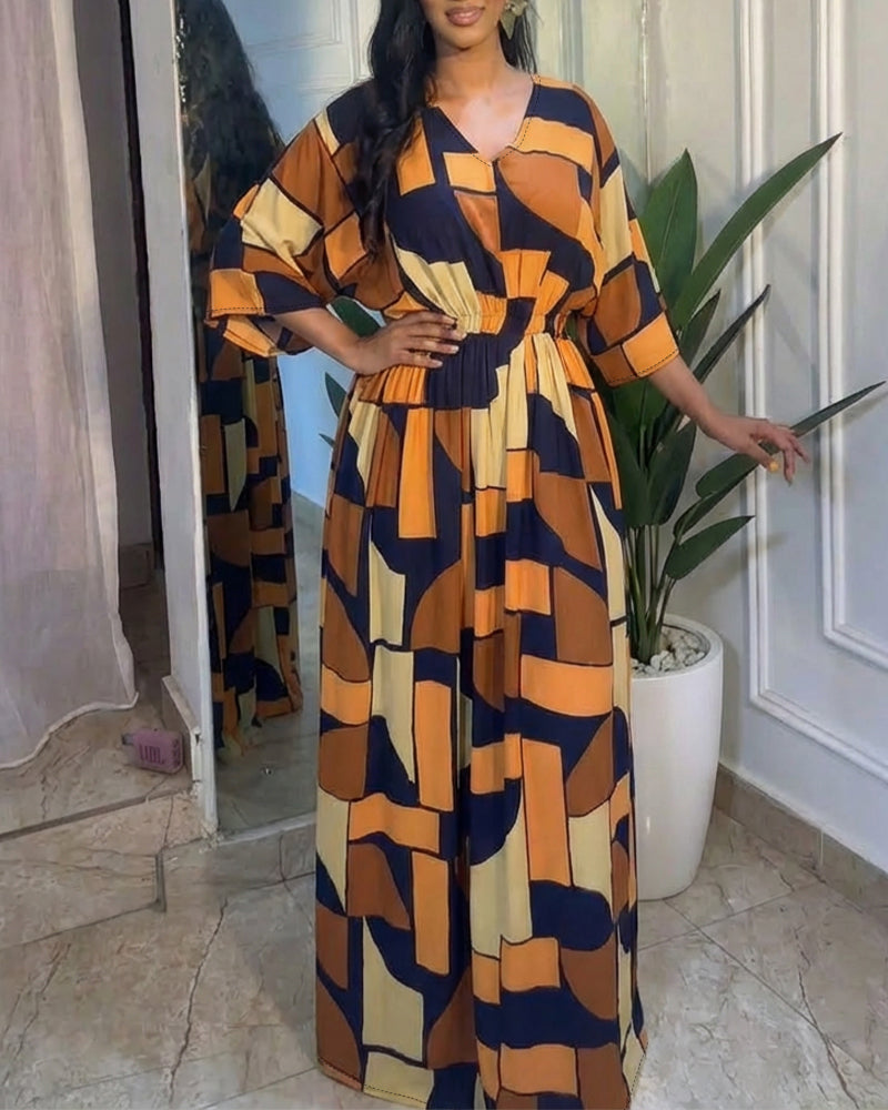 Colorblock Geometric Print V-Neck Batwing Sleeve Ruched Waist Overalls Casual Cinched Waist Wide Leg Jumpsuit - Image 4