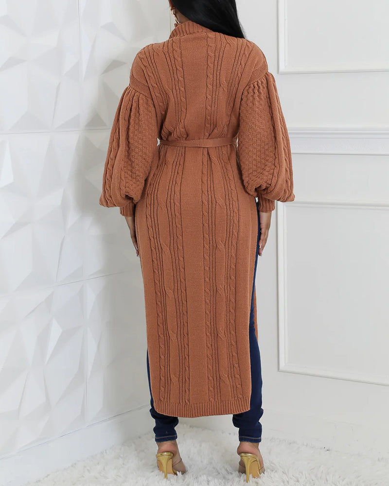 Cable Textured High Neck Lantern Sleeve Bow Tie Waist Sweater Casual High Slit Knit Longline Top - Image 3