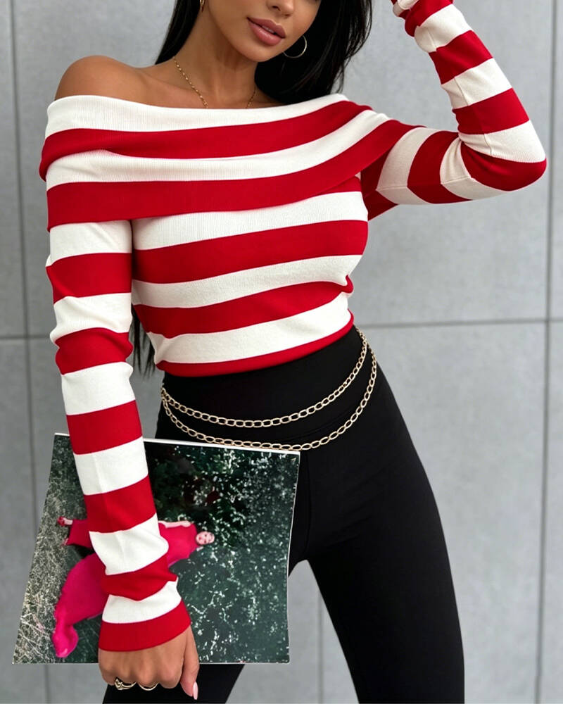 Women's Foldover Off Shoulder Striped Pullover Long Sleeve Slim Fit Knit Top - Image 13