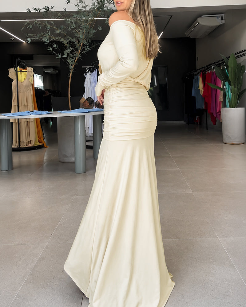 Women's One Shoulder Ruched Maxi Dress Gold Buckle Long Sleeve Evening Gown with Thumb Hole Cuffs - Image 4