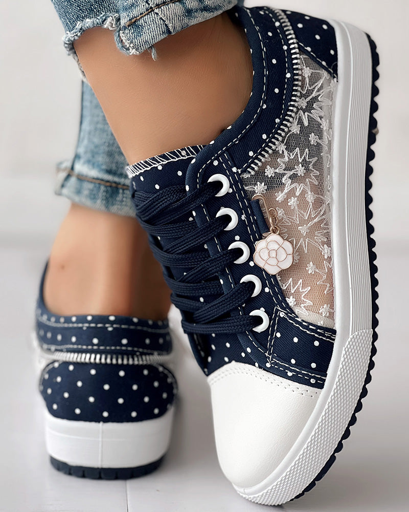 Floral Pattern Embroidery Dot Print Sneakers - Image 2