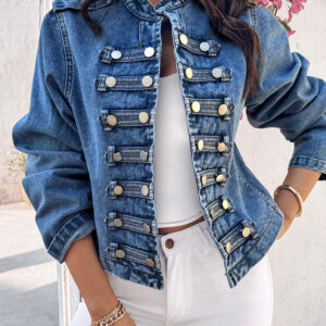 Button Decor Stand Collar Long Sleeve Jacket Casual Denim Coat