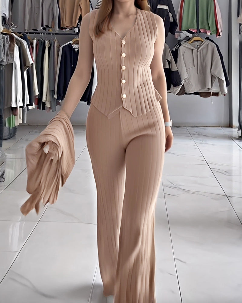 3 Pcs Outfits V Neck Long Sleeve Knit Coat with Metal Button Detail Tank Top Casual Long Pants Knit Sets - Image 8