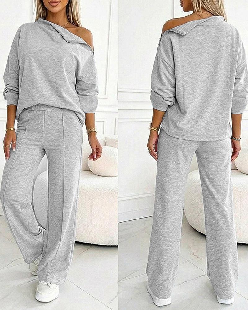 Women's 2 Piece Sweatsuit Set Mock Neck Zip Sweatshirt and High Waisted Straight Leg Sweatpants Casual Loungewear - Image 4
