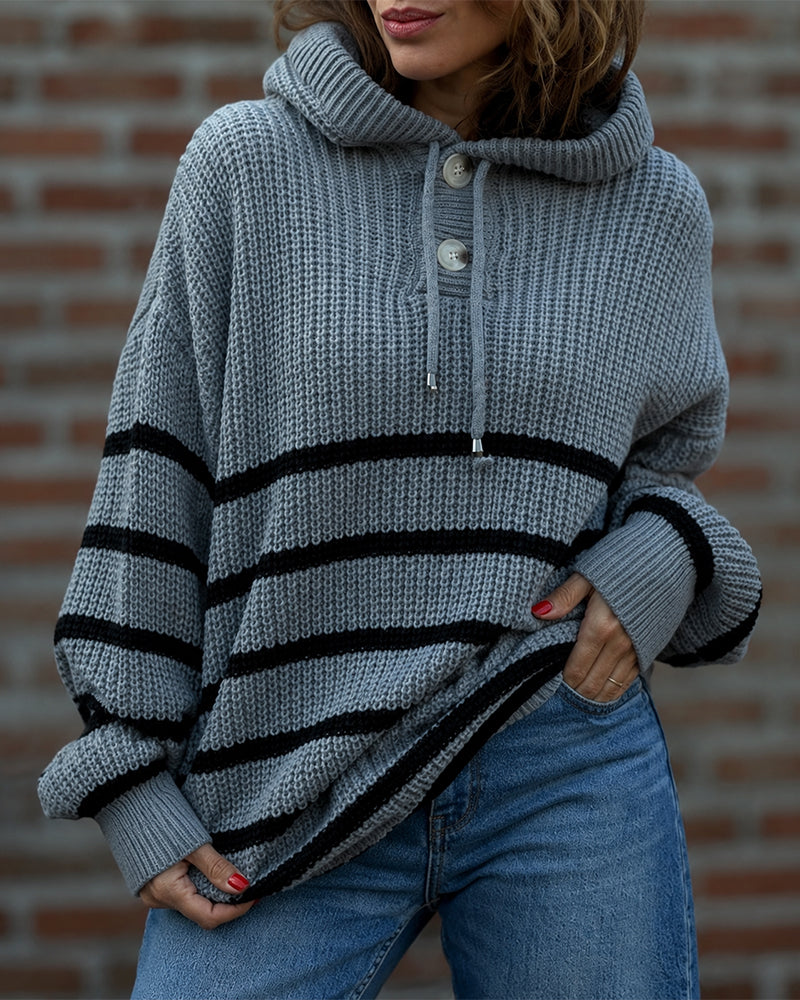 Women's Striped Henley Drawstring Hooded Sweater Loose Fit Lantern Sleeve Knit Pullover - Image 20