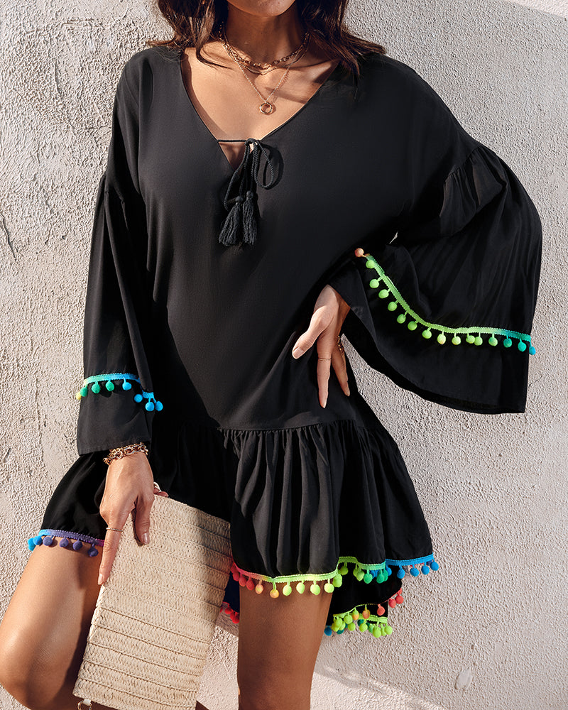 Colorblock V-Neck Bell Sleeve A Line Tassel Mini Dress Vacation Dress - Image 11