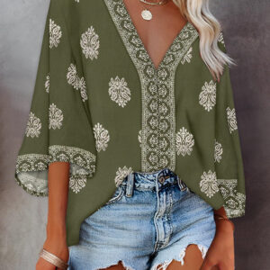 Floral Print V Neck Long Sleeve Blouse Casual Loose Fit Top