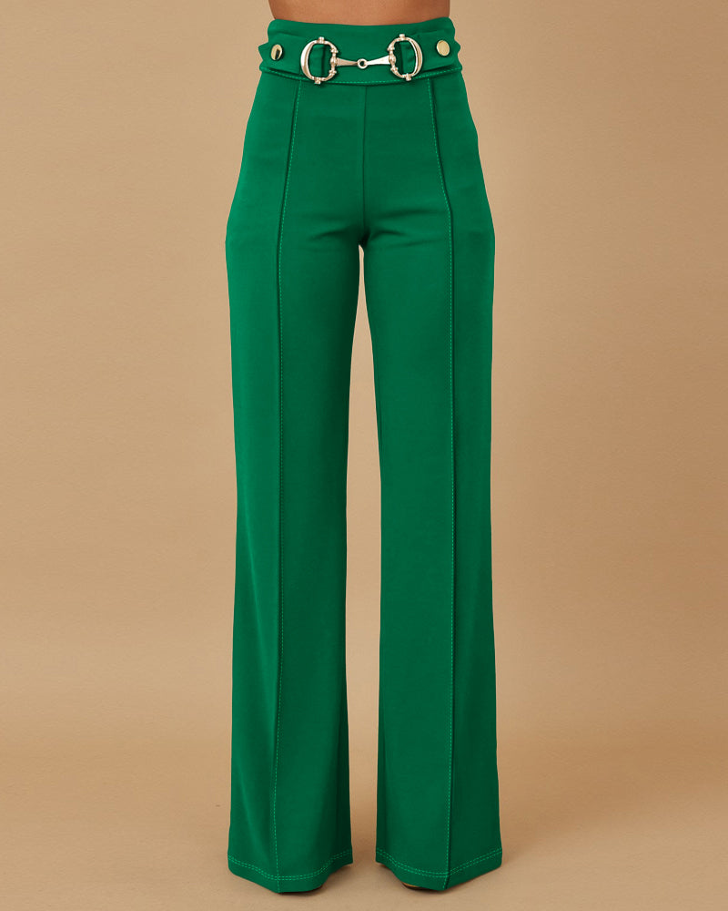 Metal Button Decor High Waist Casual Straight Leg Work Pants - Image 3