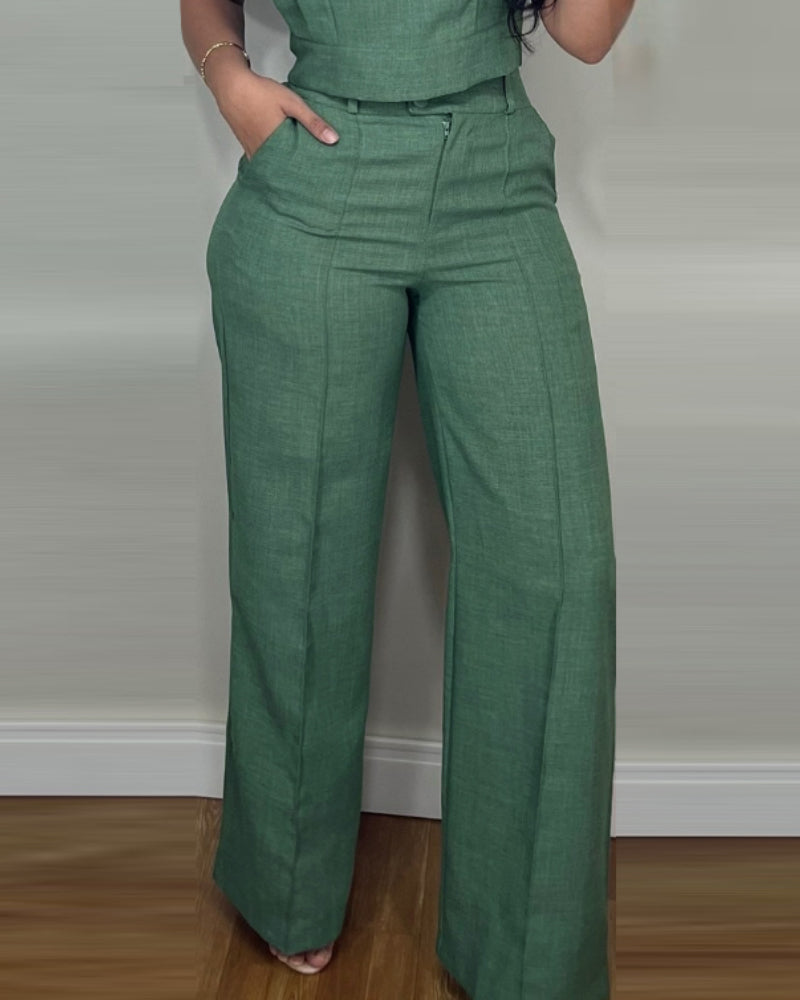 2 Pieces Outfit 3D Cutting Decor Design Cap Sleeve Hollow-out Back Crop Top and Casual Zipper Fly Seam Front Straight Pants Set - Image 9