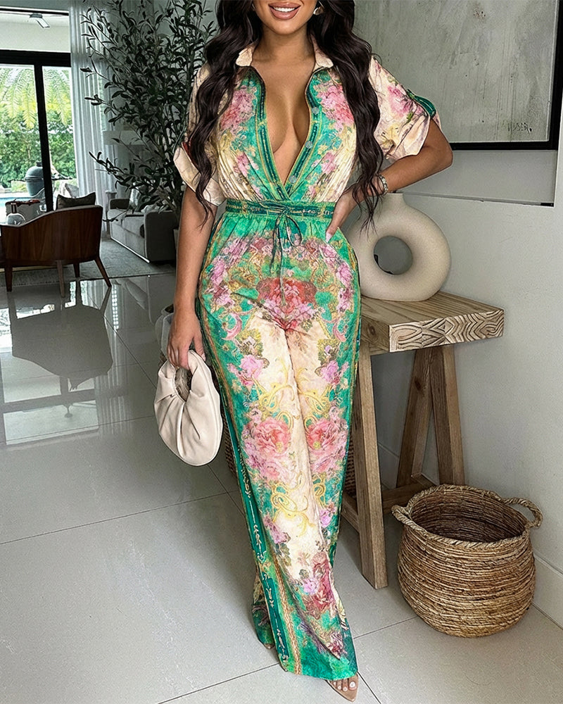 Vintage Floral Print Turn-down Collar Roll Up Sleeve Button Front Overalls Casual Drawstring Stretchy Waist Wide Leg Vacation Jumpsuit - Image 6