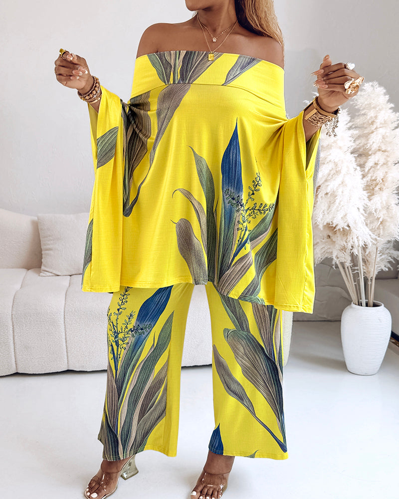 2 Pieces Outfit Plants Print Cold Shoulder Batwing Sleeve Top and Casual Wide Leg Pants Set - Image 10