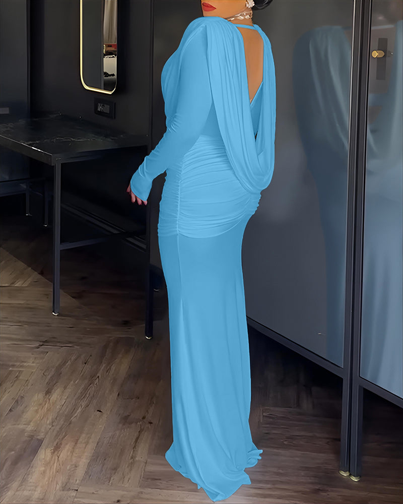 Cowl Neck Ruched Zipper Back Slim Fit Maxi Dress Casual Padded Shoulders Backless Evening Dress - Image 20