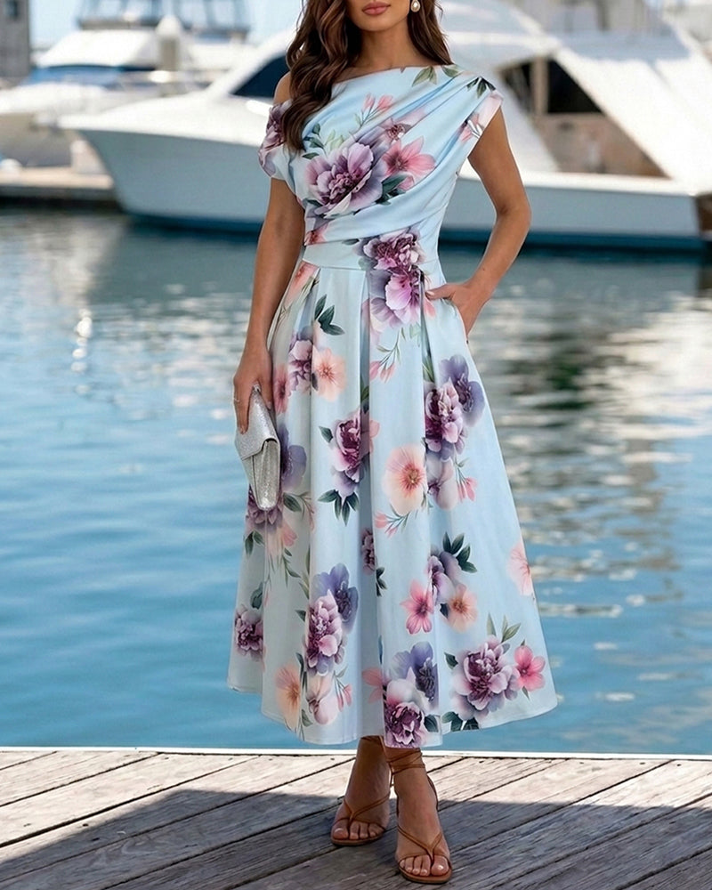 Women's Skew Neck Midi Dress Elegant Ruched Floral A-Line Dress High Waisted Vacation Dress with Pockets - Image 3