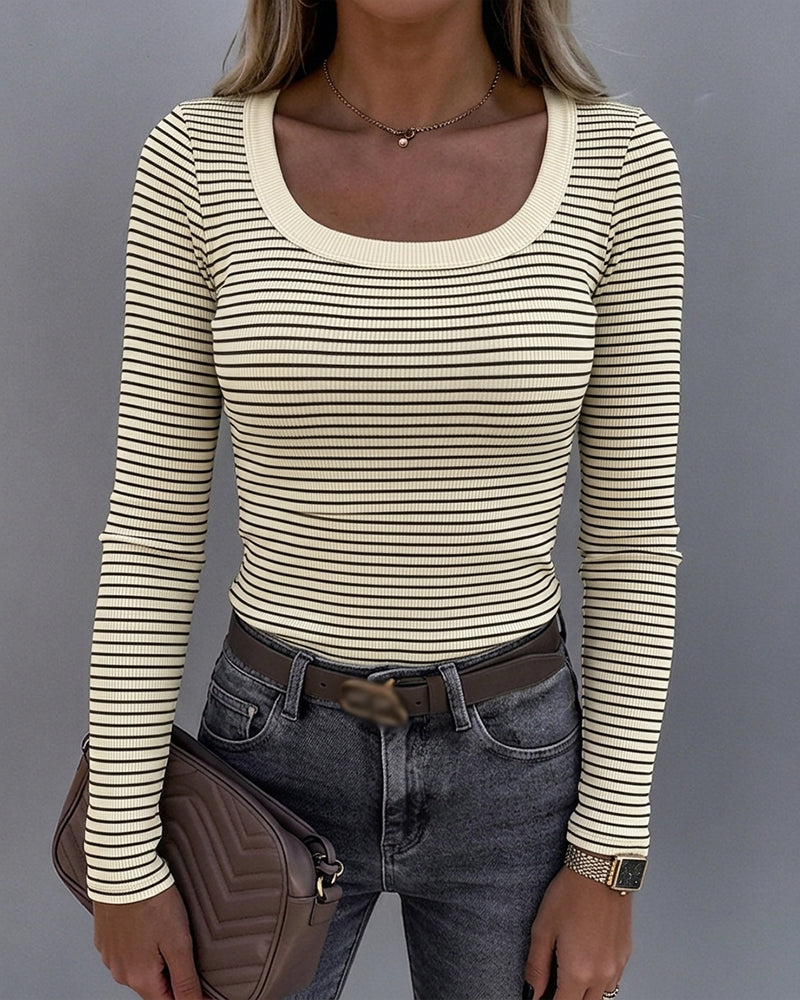 Women's Striped U-Neck Long Sleeve Slim Fit Ribbed Knit Top Casual Layering Top - Image 6