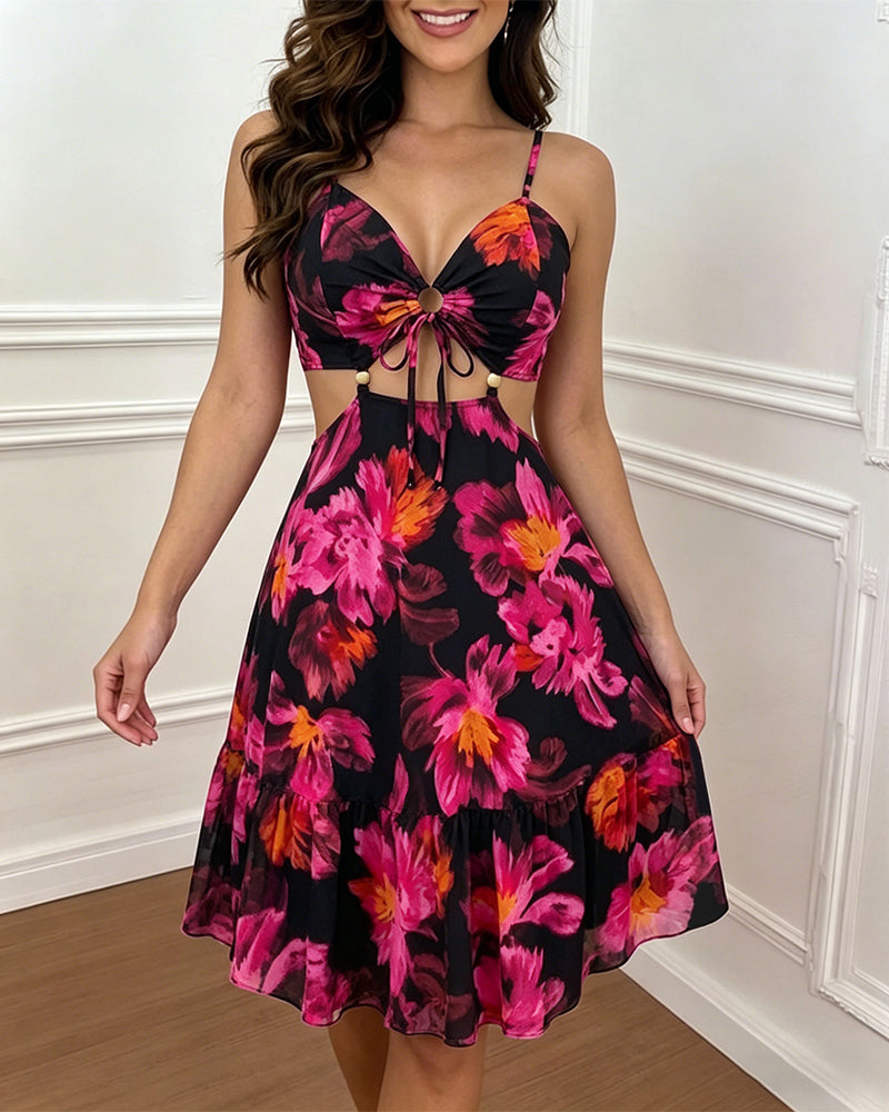 Women's Vintage Floral Print Mini Dress Sexy Sweetheart Neck Cut Out Sundress Backless Ruched A-Line Vacation Dress - Image 4