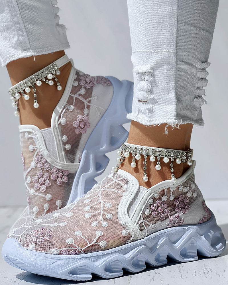 Floral Pattern Sheer Mesh Patch Round Toe Sneakers - Image 14