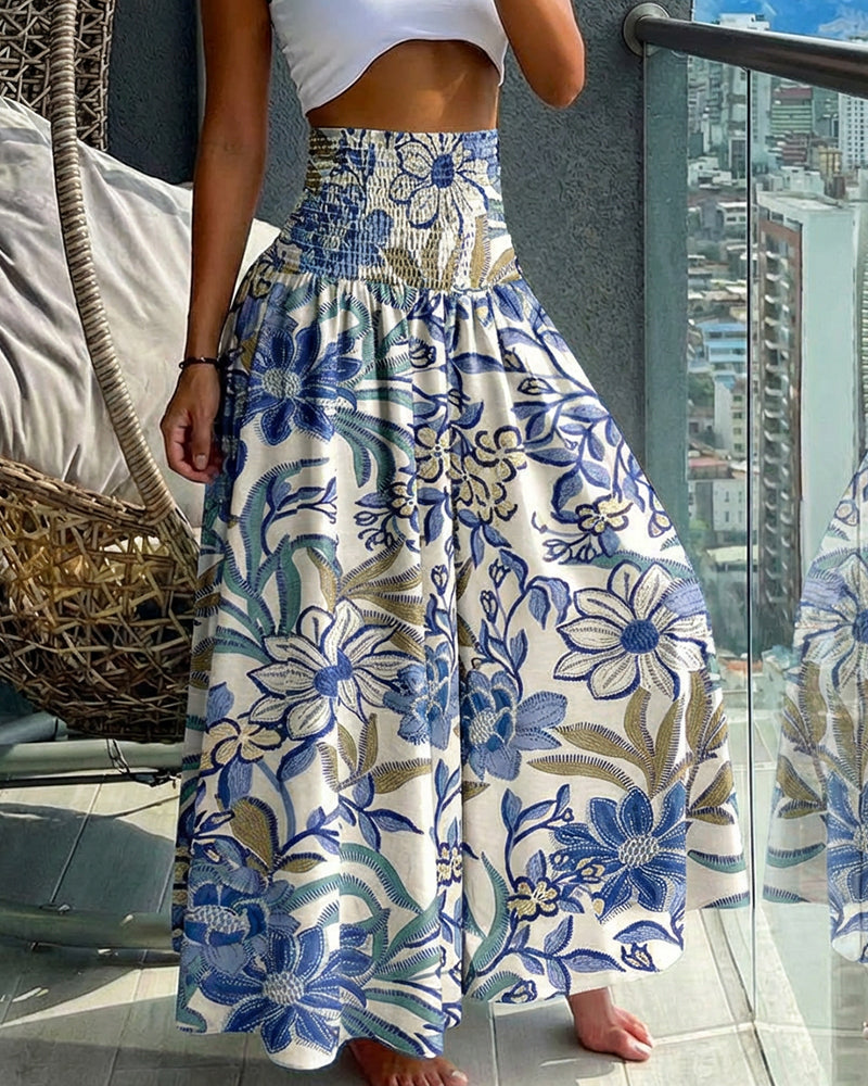 Vintage Floral Print High Waist Shirred Elastic Waist Wide Leg Pants - Image 3
