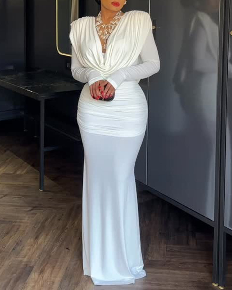 Cowl Neck Ruched Zipper Back Slim Fit Maxi Dress Casual Padded Shoulders Backless Evening Dress - Image 6