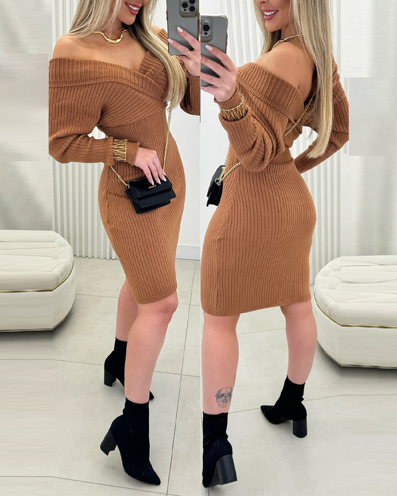 Off Shoulder Slim Fit Knit Long Sleeve Dress Bodycon Sweater Dress - Image 3