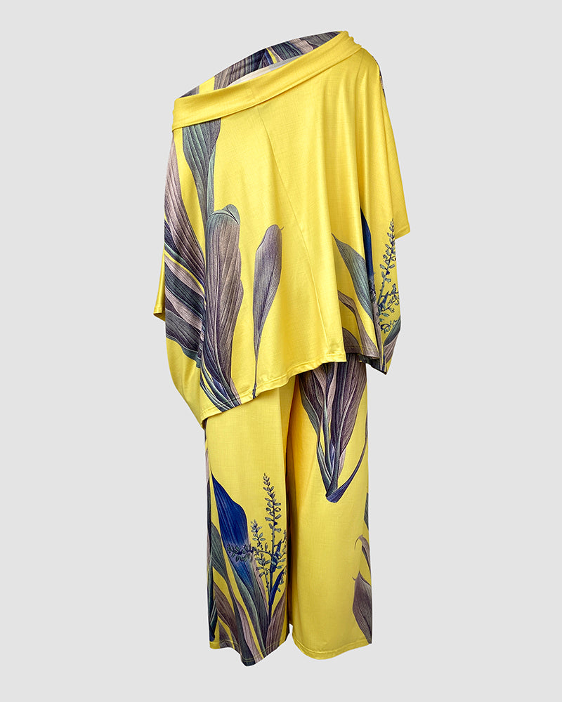 2 Pieces Outfit Plants Print Cold Shoulder Batwing Sleeve Top and Casual Wide Leg Pants Set - Image 8
