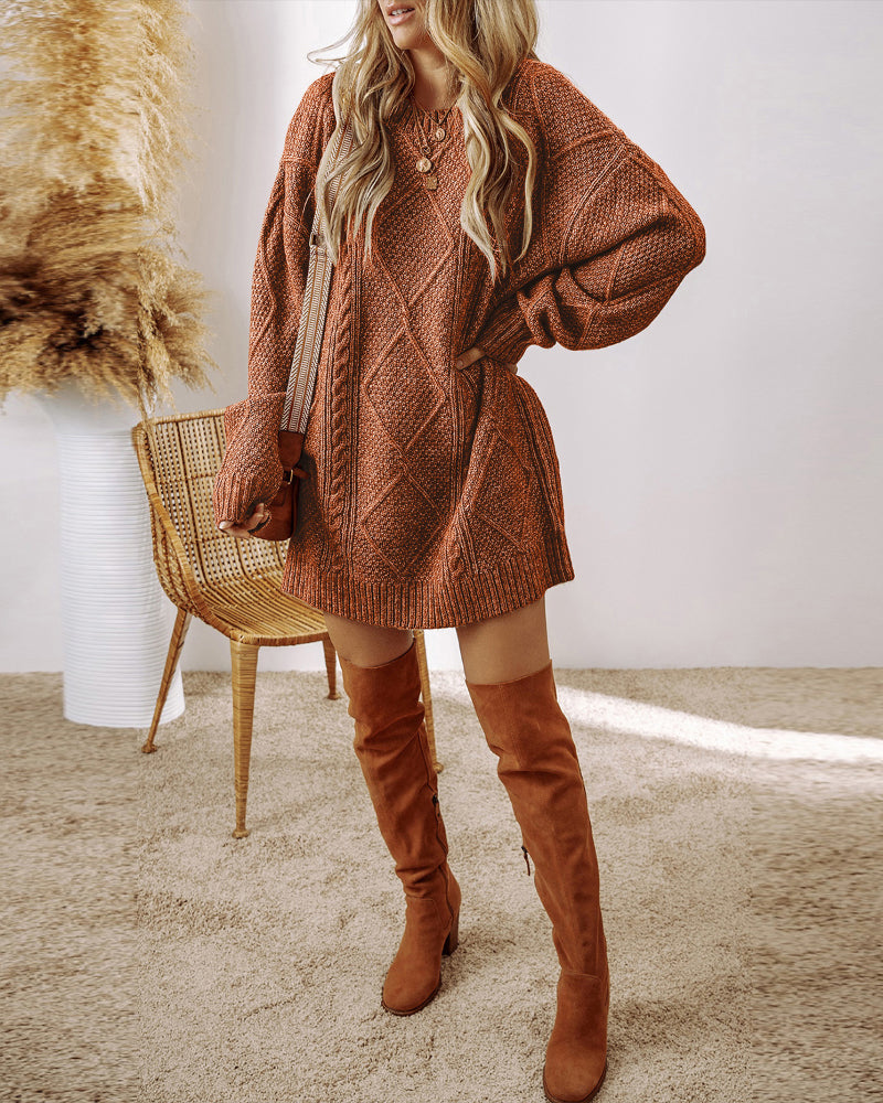 Round Neck Long Sleeve Drop Shoulder Pullover Sweater Casual Loose Fit Cable Knit Mid Length Sweater - Image 19