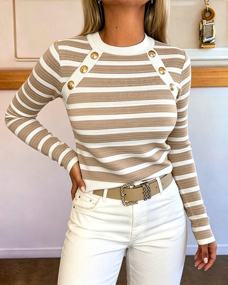 Women's Striped Knit Top Gold Button Long Sleeve Pullover Crewneck Slim Fit Knitwear Contrast Binding Sweater - Image 7