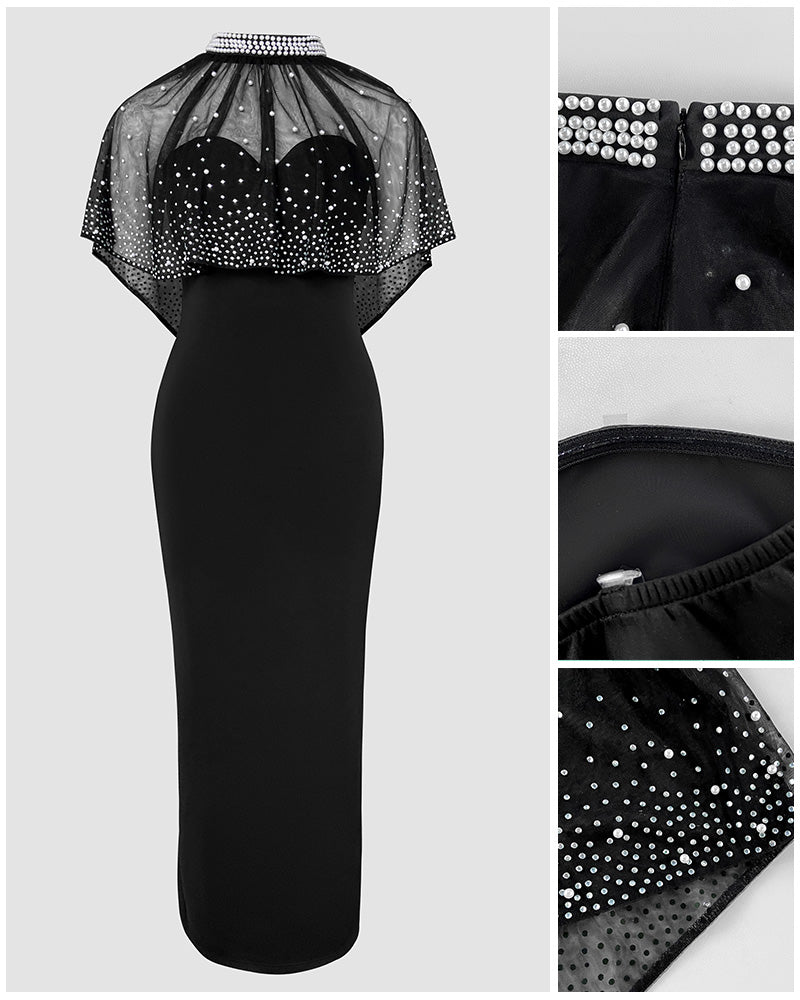 2 Pieces Outfit Detachable & Adjustable Spaghetti Straps Zipper Back Slit Slim Fit Maxi Dress and Rhinestone & Pearls Decor High Neck Zipper Back Sheer Mesh Poncho Cape - Image 6