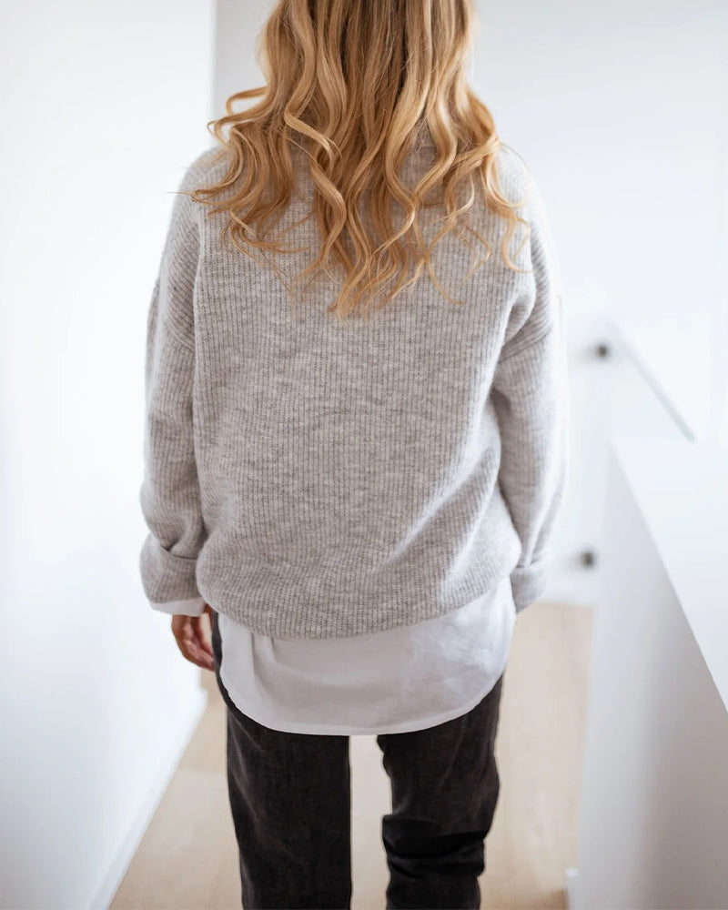 Women's Rib-Knit Polo Sweater V-Neck Collared Long Sleeve Pullover Loose Fit Drop Shoulder Top - Image 2