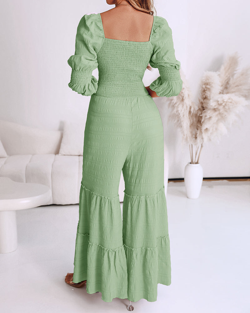 Sweetheart Neck Puff Sleeve Drawstring Front Shirred Overalls Casual Cutout Front Ruffle Hem Wide Leg Jumpsuit - Image 13