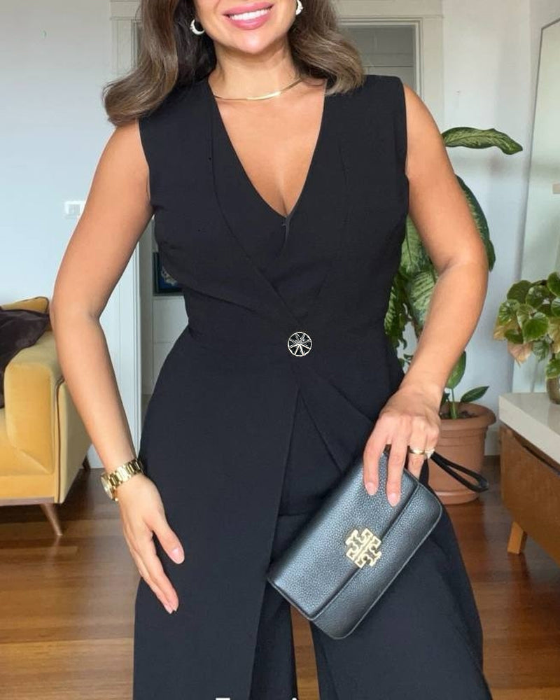 Plunge Sleeveless Button False Two Pieces Wide Leg Jumpsuit - Image 5
