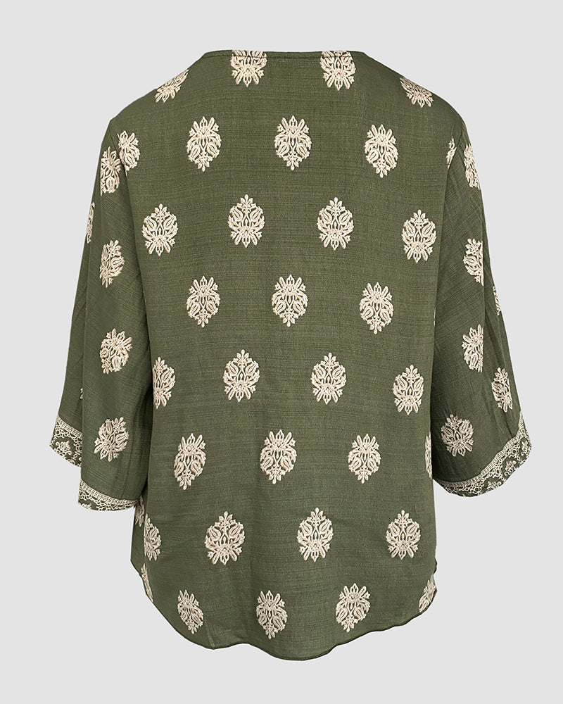 Floral Print V Neck Long Sleeve Blouse Casual Loose Fit Top - Image 7