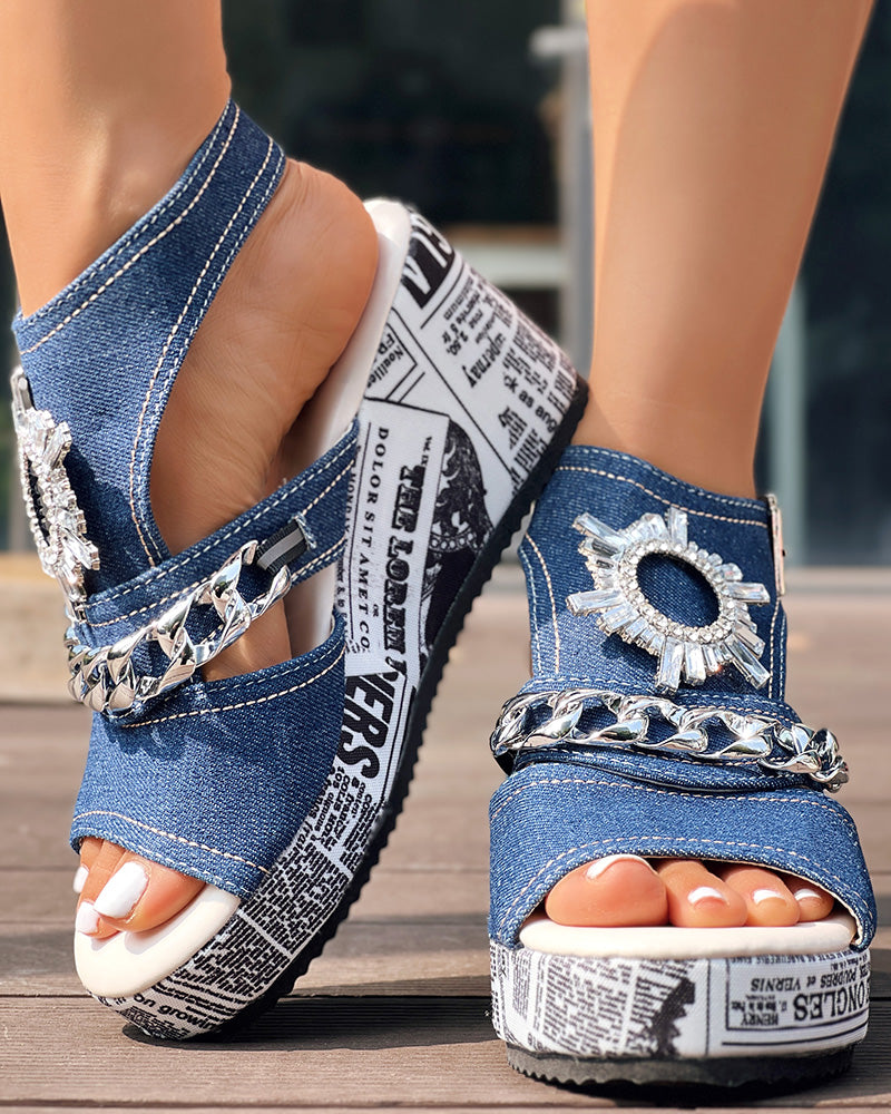 Newspaper Rhinestone Gear Pattern Slingback Platform Wedge Sandals - Image 13