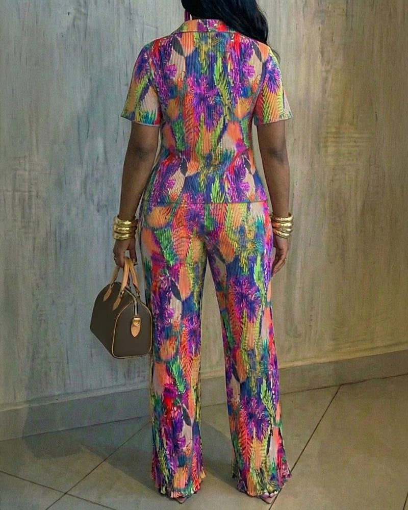 Women's Tropical Print Pleated Two-Piece Set Short Sleeve Button-Down Shirt and High-Waist Wide-Leg Pants Casual Vacation Outfit - Image 2