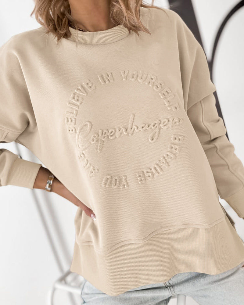 Women's Loose Crewneck Sweatshirt Embossed Letter Print Pullover Top Casual Side Slit Top - Image 7