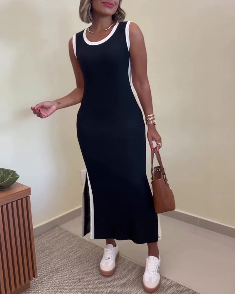 Women's Contrast Binding Tank Dress Slim Fit Sleeveless Maxi Dress Side Slit Casual Knit Sundress - Image 4
